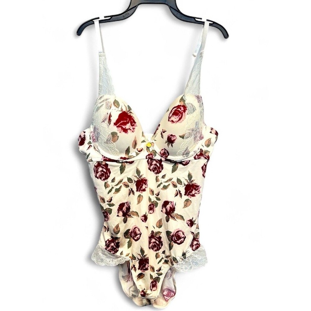 Jessica Simpson Lingerie Floral Bodysuit Lace Detail Sz M Coquette White Red